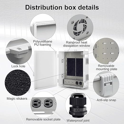 Outdoor Electrical Junction Box with High Power Outlet, 16" H* 12" L* 5.9" W, ABS Water Resistant Enclosure with Internal Mounting Panel & Hinged Cover.