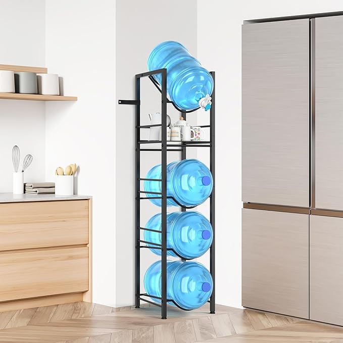 2-In-1 5 Gallon Water Jug Holder, 5 Tier Water Jug Stand Holder with 1 Dispenser Valves, 5 Gal Water Bottle Storage Rack Organizer for Kitchen, Office, Garage