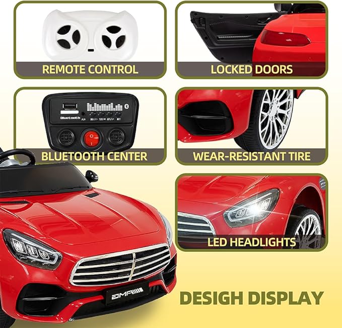 12V Ride On Car for Kids, Electric Car with Remote Control, Bluetooth Music Player for 3-8 Year Old, Red
