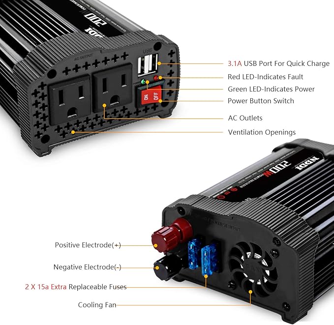 NDDI 200W Car Power Inverter 12V DC to 110V AC Converter with 3.1A Dual USB Quick Car Charger Adapter(Black)