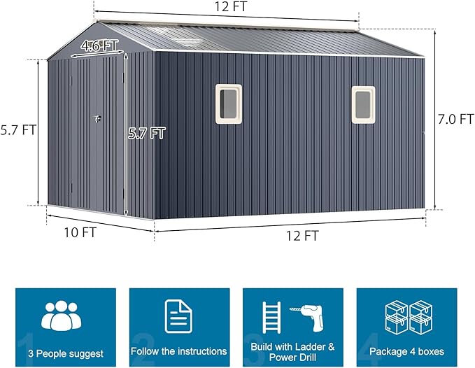 10x12 FT Metal Outdoor Shed with Floor Frame Kit Extra Large Waterproof Tools Storage House with Transparent Top Panel Windows Air Vent for Garden Backyard to Store Bikes,Lawnmower,Dark Grey