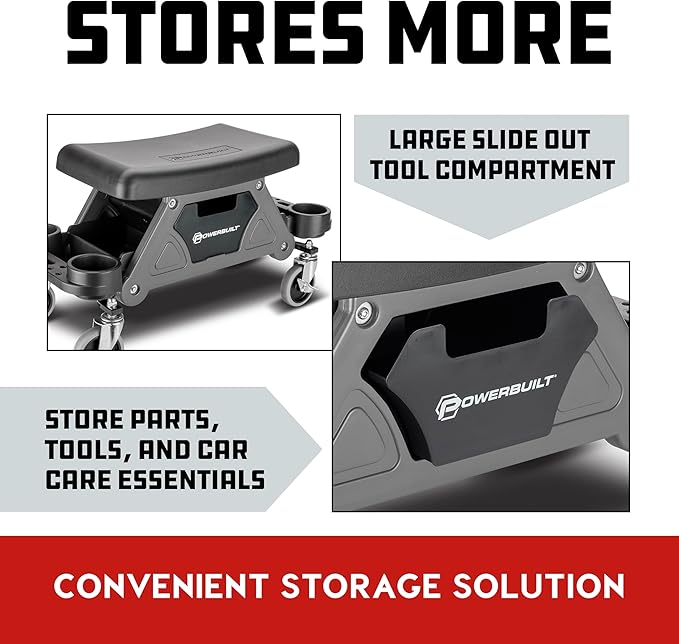 Powerbuilt Heavy-Duty Utility Rolling Seat Upgraded with Padding, Sturdy Locked in Trays, Premium Wheels for Garage Work - Grey 642924ECE