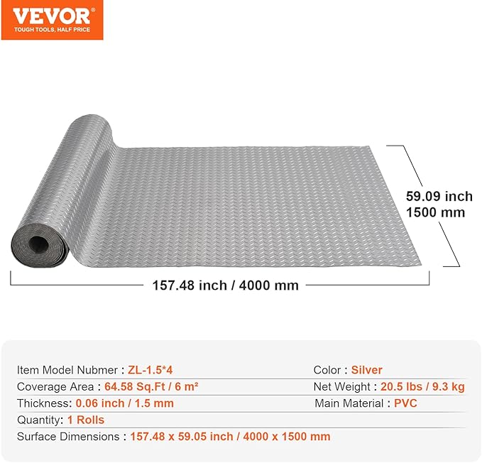 VEVOR Floor Mat, 13 x 4.9 FT PVC Flooring Roll, Non-Slip Diamond Texture, 64.58 sq.ft Covering Space, Garage Mats for Under Cars, Gyms, Boats, Car Trailer, Silver