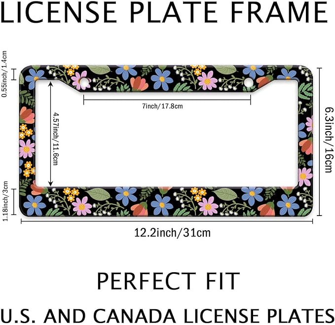 Florals License Plate Frame for Women, Blue Flowers License Tag Frames Holder Covers, Metal Aluminum Rustproof Car Accessories for Us Canada Standard, Girly Car Decorative with 2 Holes and Screw Caps