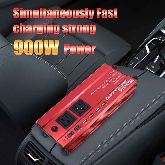 HITRENDS 900W Car Power Inverter 12V to 110V, DC to AC Converter with 4 USB Ports (24W Quick Charge) & 2 AC Outlets, for Camping, RV, Laptop, CE, FCC and ROHS Certified