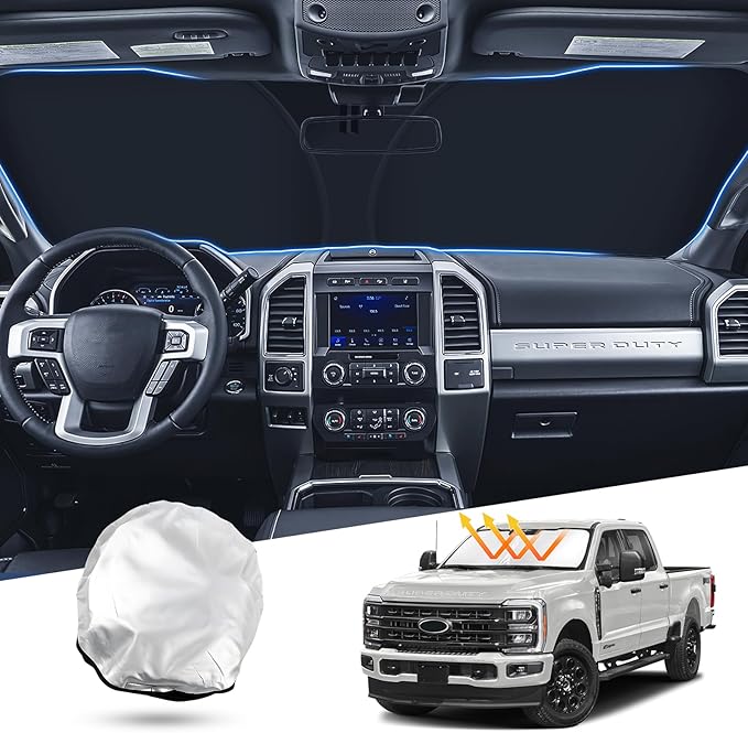 T TGBROS Windshield Sun Shade for Ford Super Duty 2017-2022 F-250 F-350 F-450 Pickup Accessories Foldable Sun Shield Front Window Sunshade Cover Sun Visor Cover Block Heat and Sun Protection