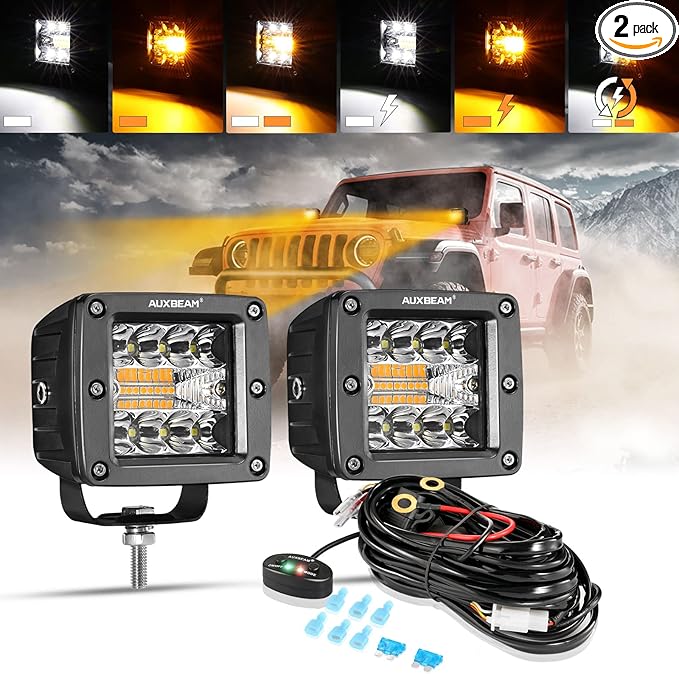 Auxbeam LED Pods 3 Inch 72W Amber Fog Light, 6 Modes Strobe Cube Pod Light Bar Dual Color Yellow Spot Flood Offroad Driving Lights Ditch Lights for Truck Car ATV