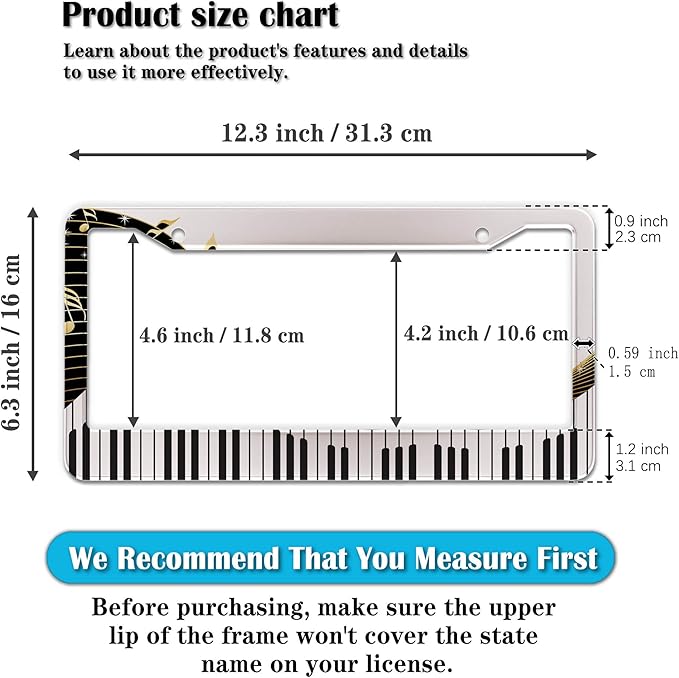 License Plate Bracket Black and White License Plate Frames Beautiful Piano Keys Music Notes Aluminum Metal Car Accessory 2 Pack with Screw Covers Set
