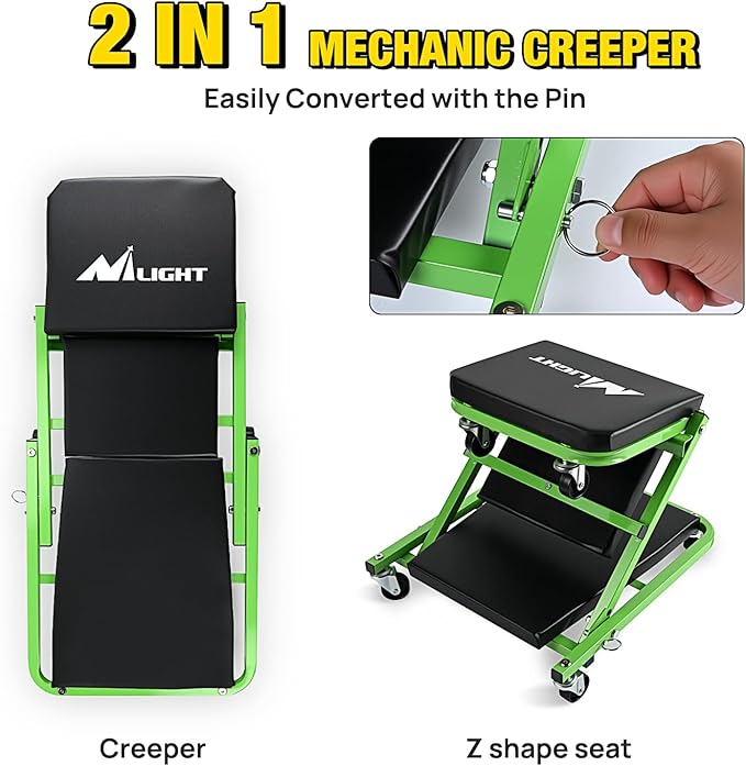 Nilight 36" Z Creeper - 2-in-1 Rolling Folding Car Seat, 36 inches Adjustable Roller Garage Chair Lay Down or Sit, 330LBS Capacity, Green Black