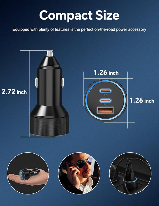 for iPhone 15/16 Pro Max Car Charger, 72W 3-Port Fast USB C Car Charger Power Cigarette Lighter Adapter with 2x3FT USB C to C Cable for iPhone 15/15 Plus/15 Pro Max/16/16 Pro Max, iPad Pro/Air/Mini