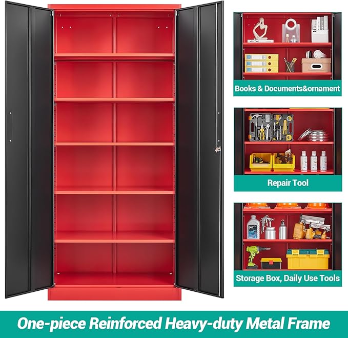 SISESOL Red Metal Storage Cabinet with Locking Doors and Shelves,Garage Storage Cabinet with Lock,Steel Locker,Lockable Cabinets for Home,Office,Shop,Garage Cabinets