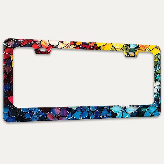 Marble Flowers License Plate Frame Colorful Floral Pattern License Plate Holders Funny Stainless Steel Auto Accessory Bracket 2 Hole with Screws Universal Us Car License Plate Frames 6x12 Inch