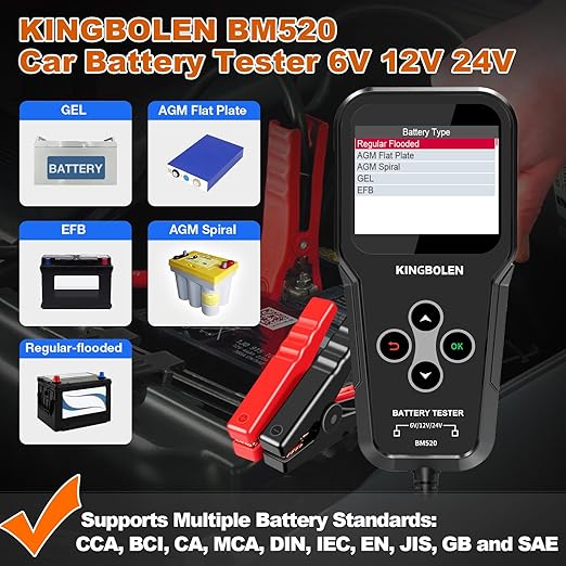 KINGBOLEN BM520 6V 12V 24V Car Battery Tester, 100-2000 CCA Automotive Load Tester Accurate Digital Auto Battery Analyzer Cranking and Charging System Tester for Cars Trucks SUV Motorcycle