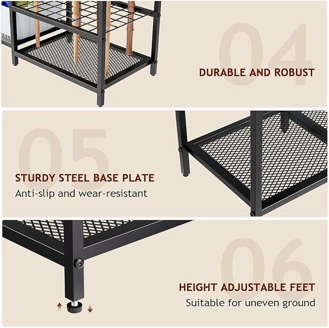Garden Garage Tool Organizer - with 3-tier Shelves, Yard Tool Organizer for Garage with 4 Hooks, Heavy duty Steel Garden Tool Rack Holds up to 48 Long Handled Yard tools for Storage