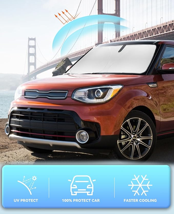 Windshield Sun Shade Car Sunshade for Kia Soul 2014-2024 2025 2026 Accessories Windshield Sun Visor Cover for Soul Front Window Shield 240T Silver Coating Reflective Polyester Protector Block UV Ray