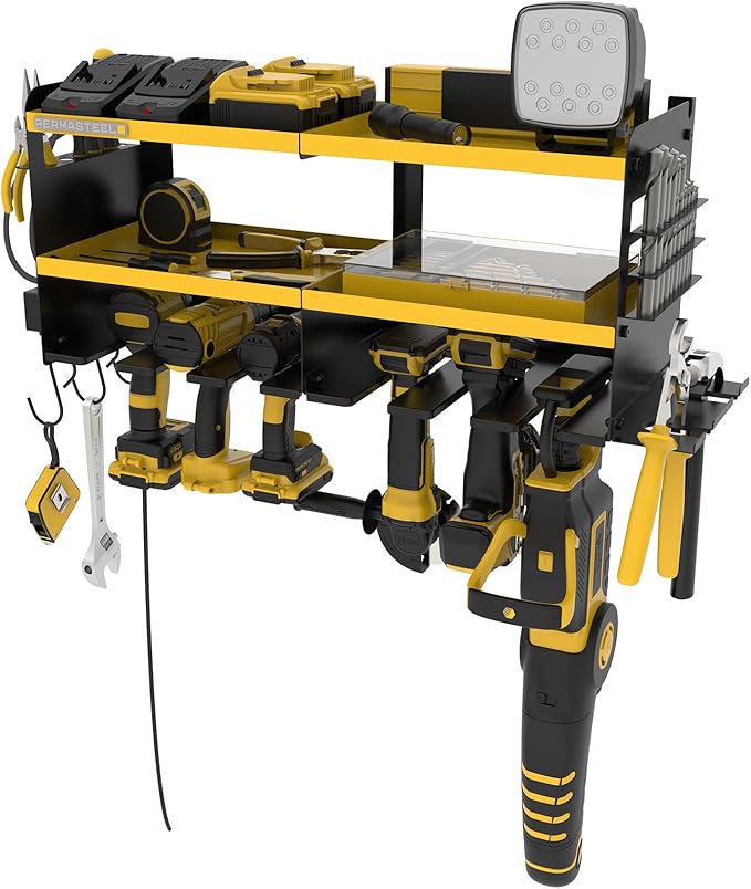 Permasteel Power Tool Organizer Wall Mount - 150 Lbs Load 3-Layer Heavy Duty Metal Storage Rack with Charging Station, Holds 6 Drills, 9 Hand Tools and 16 drill bits for Garage and Workshop, Yellow