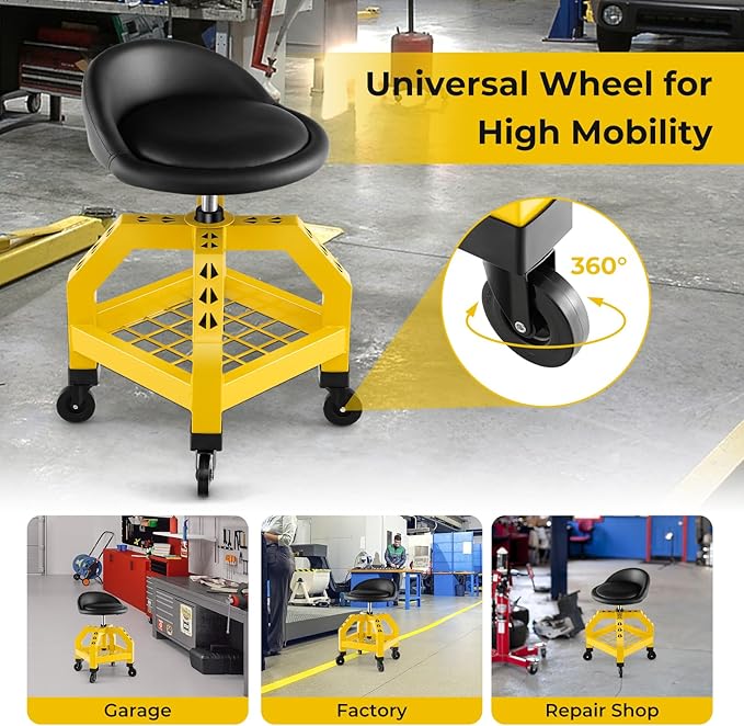 S AFSTAR Shop Stool with Wheels, Height Adjustable Garage Stool with 4 Universal Wheels & Tool Tray, 330 LBS Capacity, Heavy Duty Creeper Chair Seat Rolling Mechanic Stool for Garage Workshop (Yellow)