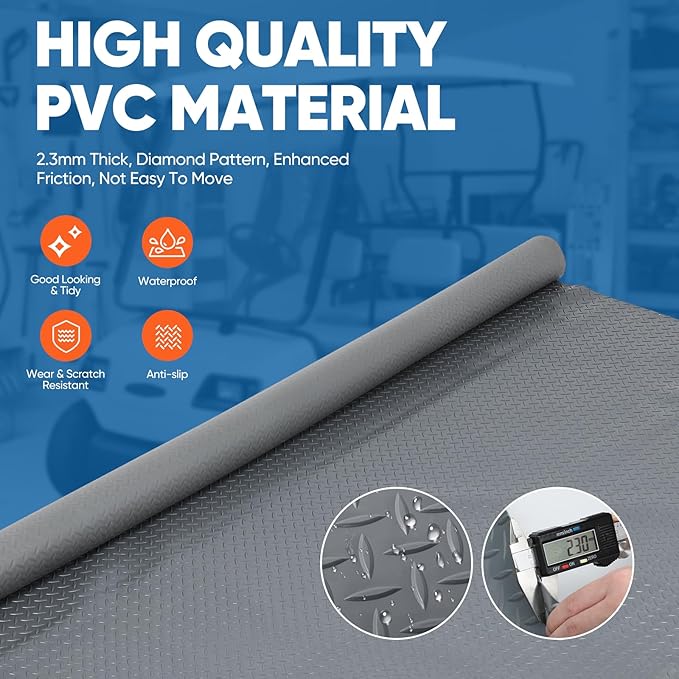 7.5 x 17 FT Garage Floor Mat, Thickened Diamond Plate PVC Garage Parking Mat, Heavy Duty Flooring Roll Mats Waterproof Non-Slip Floor Protector, for Car, Trailer, SUV, Basement, Gym, Shed - Gray