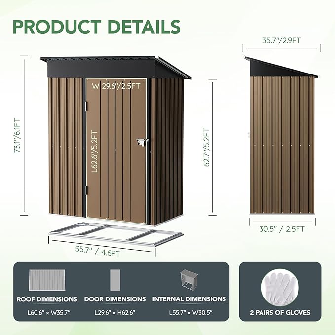 5X3FT Outdoor Steel Storage Shed with Lockable Doors, One Window,Ideal for Garden, Backyard, Patio Storage,Brown