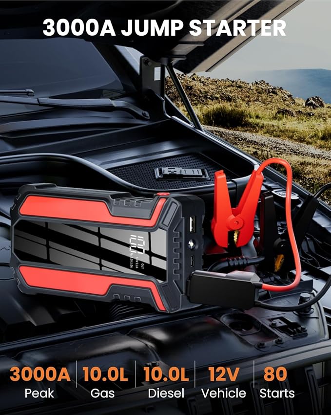 Car Jump Starter 3000A, Car Battery Jump Starter for Up to 10.0L Gas & 10.0L Diesel Engine, 12V Jump Box Portable Jump Starter Battery Pack with LED Light, Jumper Cables
