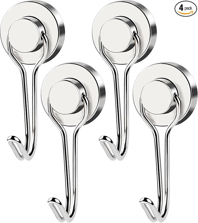 MIKEDE Magnetic Hooks, 40LB Strong Neodymium Magnet Hooks Heavy Duty, Magnetic Swivel Hooks for Hanging, Rust Proof Strong Magnets with Hook Magnetic Metal Hanger for Fridge, Toolbox - 4 Pack