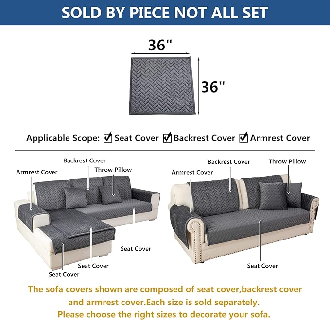 Eismodra Couch Cover,Sectional Couch Covers,Sofa Covers for 3 Cushion Couch,Anti-Slip Sofa Slipcovers for Dogs Cats Kids Loveseat Recliner L Shaped Armrest Backrest,Dark Gray 36''x36''(Only 1 Piece)