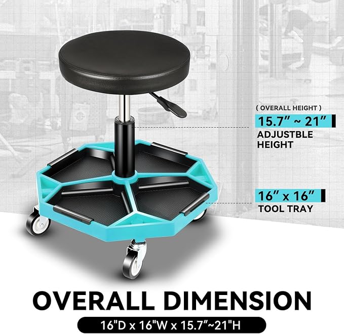 Auto Dynasty Mechanic Stool, Adjustable Rolling Pneumatic Creeper Garage Shop Seat with Tool Tray, 300 LBS Roller Seat for Workshop Auto Repair, Adjustable Height 15.7" to 21", Sky Blue