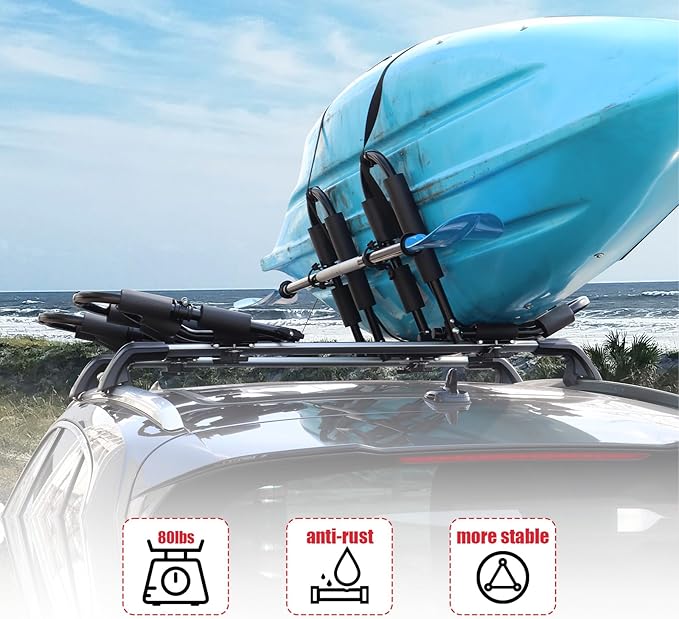 FORWODE Premium Kayak Roof Rack, 1 Pair J-Bar Roof Rack, Folding Adjustable Rack, Weight 80 LBS Heavy Duty Kayak Roof Carrier 1 Kayak, Canoe, SUV, Surfboard on SUV, Car and Truck Crossbar