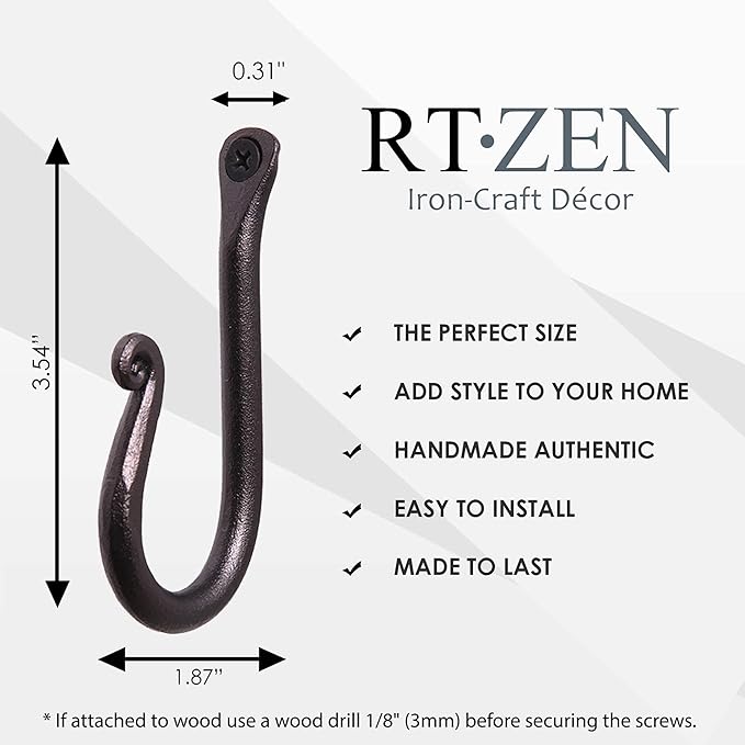 RTZEN Wall Mount Hook Set - Wrought Iron Decorative Rustic Metal Coat Hooks for Hanging - Handcrafted Classic Farmhouse Wall Mounted Black Hooks for Towel Robe or Hat Hanging - 3 Pack