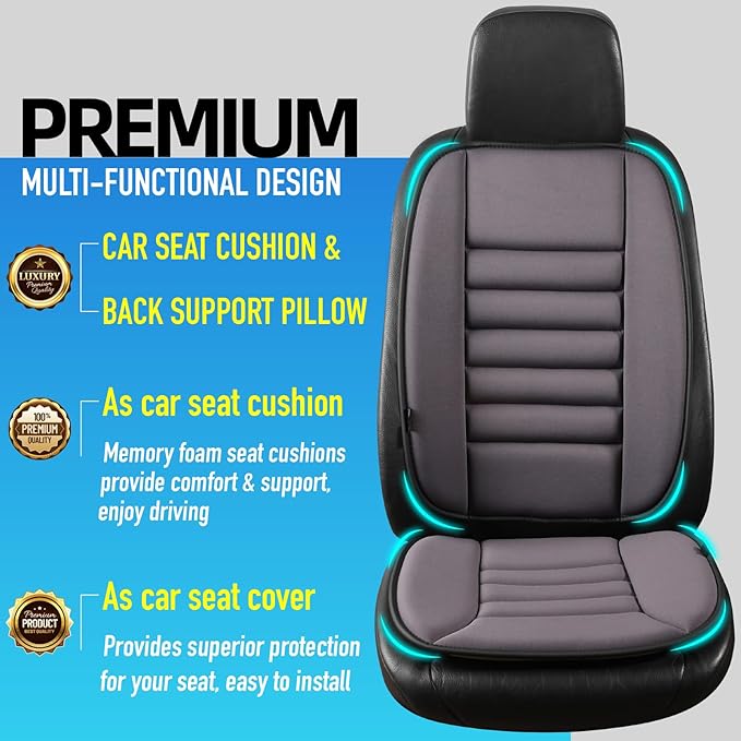 Car Seat Cushion with Back Support Pillow, Comfy Lumbar Support & Seat Cushion, Memory Foam Driving Pillow for Back-Sciatica Pain Relief, Auto Pad Suitable for Car, Truck, SUV - Dark Grey
