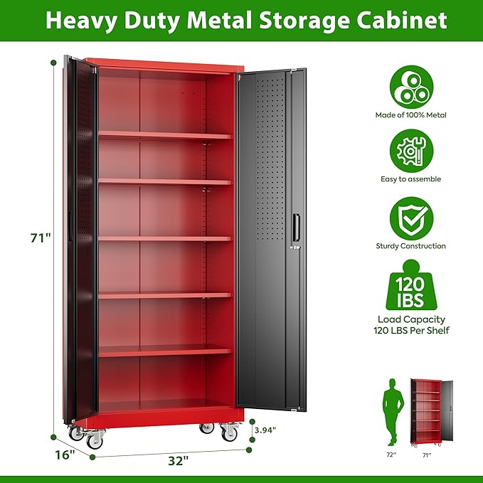 Garage Storage Cabinet with Pegboard and 5 Adjustable Shelves, 71'' x 32'' x 16''Metal Lockable Cabinet with Magnetic Doors,Tool Storage,Home Office Garage,Gym,School (Black-red)