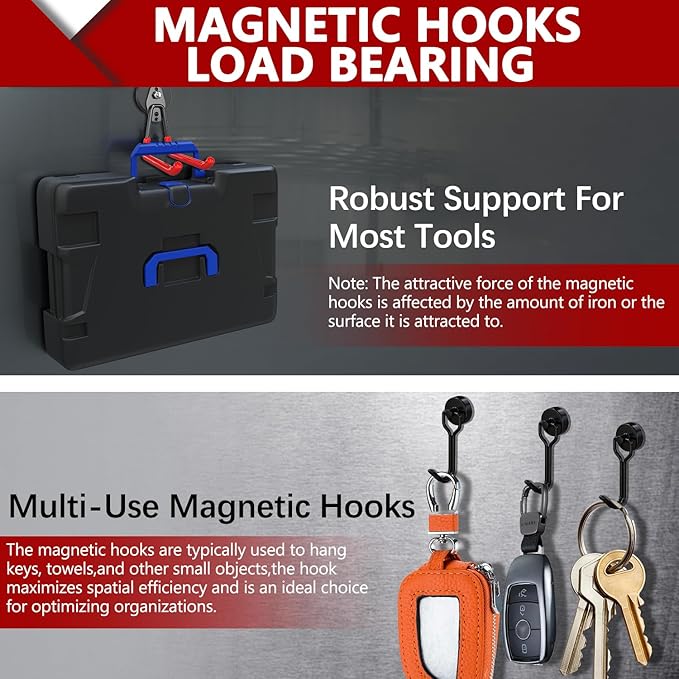 3-H Heavy Duty Magnet Garage Hooks 2 Pack, Extra Large Strong Magnetic Hooks for Hanging Cordless Power Drill, Utility Magnetic Tool Holder for Metal Cabinet, Steel Pegboard, Toolbox, Garage(Red)