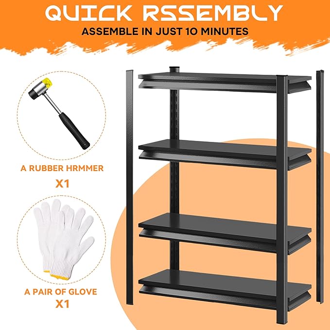 59"H Garage Shelving Heavy Duty Rack, 2400 LBS Extra Large Capacity 4 Tier Adjustable Storage Shelves, Metal Industrial Shelf Units for Garage, Basement and Warehouse, 59"H×27.6"W×13.8"D, Black