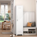 GREATMEET Slim Broom Closet Storage Cabinet, Narrow Utility Closet, 65" Metal Cleaning Supply Storage with Lock and Door,Utility Cabinets for Brooms and Mops for Laundry Room, White