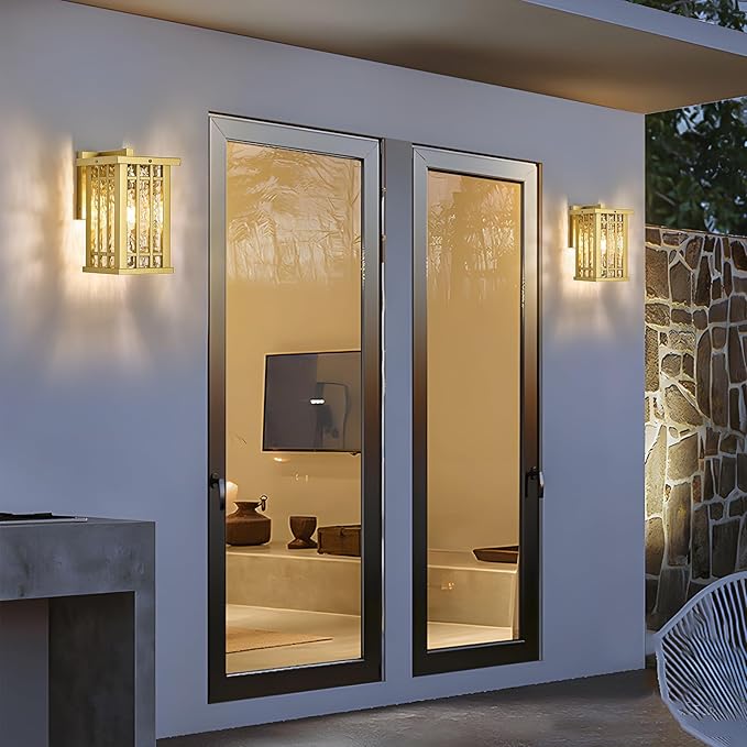 Outdoor Wall Light E26 Base Metal Frame - Gold Exterior Waterproof Lanterns with Clear Glass, Porch Wall Mount Lighting for Garage, Patio(Bulb not Included)