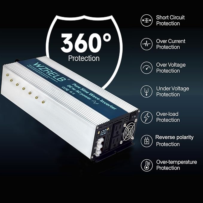 WZRELB 3500W Pure Sine Wave Inverter, Car Power Inverter 72V DC to 110V 120V AC Converter for RV, Truck, Solar, Outdoor with Dual AC Outlets, Hardwire Port, Surge 7000W, LED Display,Off-Grid