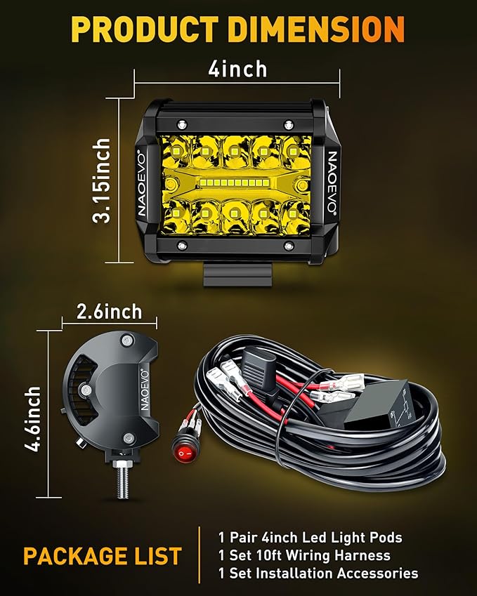 NAOEVO 4 Inch LED Pod Lights, Spot Flood Yellow LED Fog/Driving/Off Road Lights with 2 Leads Wiring Harness, Cube Pods for Truck Boat ATV UTV, 2 Pcs (Yellow)