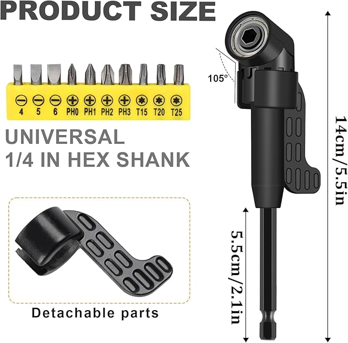 17pcs Flexible Drill Bit Extension, Include 3pcs Rotatable Socket Adapter 2pcs Hex Shank 105° Right Angle Drill Attachment 10 Short Screwdriver Bits Bendable Extension and 90° Angled Bits
