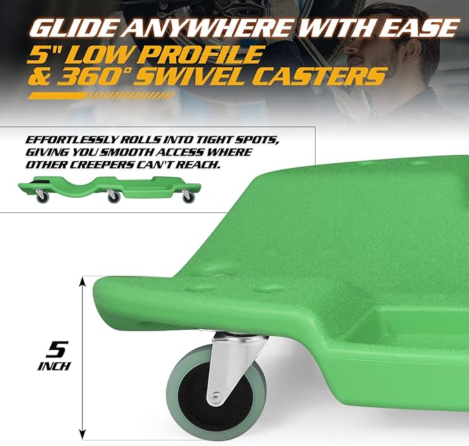 Magshion Mechanic Creeper with Padded Headrest & Tool Trays – 440 lbs Capacity, Rolling Garage Creeper with 6 Swivel Wheels, Lightweight & Portable Under Car Creeper for Auto Repair (Green)