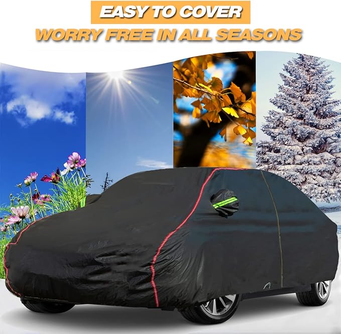 AUQDD 6-Layers PEVA New Material Sedan SUV Full Padded Car Cover Waterproof All Weather Weatherproof UV Sun Protection Snow Dust Storm Resistant Outdoor Exterior Custom Form-Fit Straps 188"-200" Black
