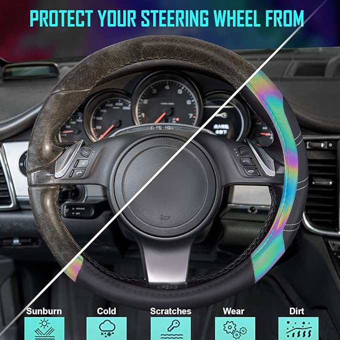 CAR PASS Line Rider Microfiber 15.5-16 Inch Leather Sporty Steering Wheel Cover Universal Fits for 95% Truck,SUV,Pickup, Anti-Slip Safety Comfortable Desgin (Black Reflective)