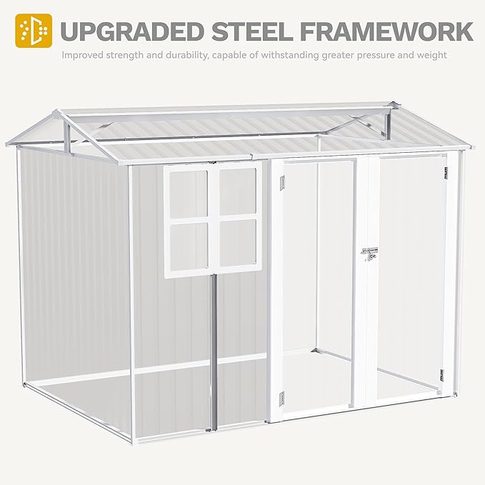 DWVO 8' x 6' Outdoor Storage Shed, Waterproof Metal Garden Shed with Windows, Lockable Doors, and Sloped Roof for Patio, Backyard, Lawn, Tool Storage, Bike Shed, Pet Shelter (Gray + White)