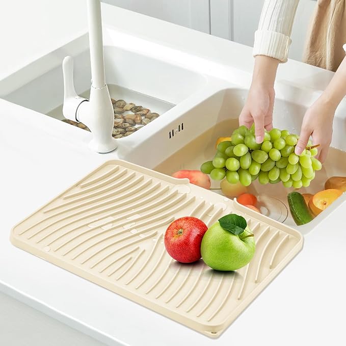 Silicone Dish Drying Mat for Kitchen Counter, Dish Drying Pad, Non-Slip Drain Pad with Built-in Drain, Heat Resistant Stone Drying Mat(Yellowish 15.8" x 13")