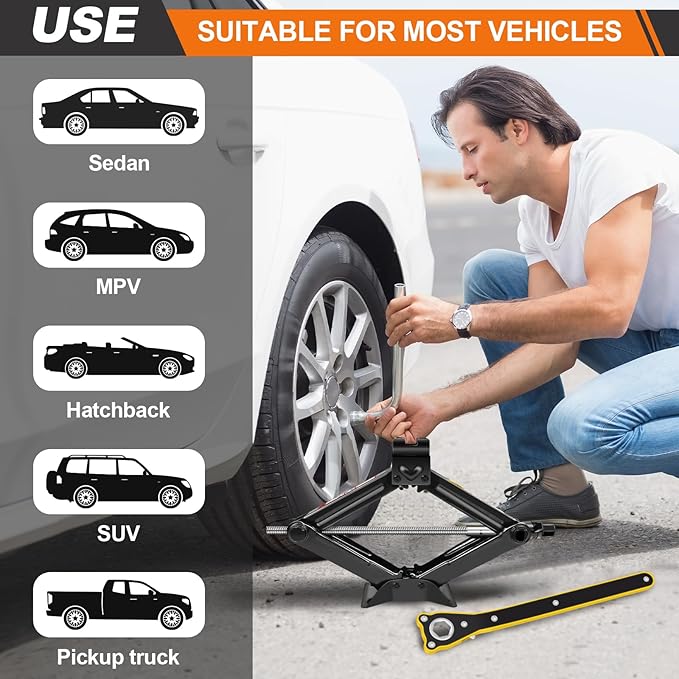 Car Jack Kit - Scissor Car Jack Max 2 Ton(4,409 lbs) Capacity Portable Emergency Tire Change Kit with Ratchet Lug Wrench - Saving Strength Design