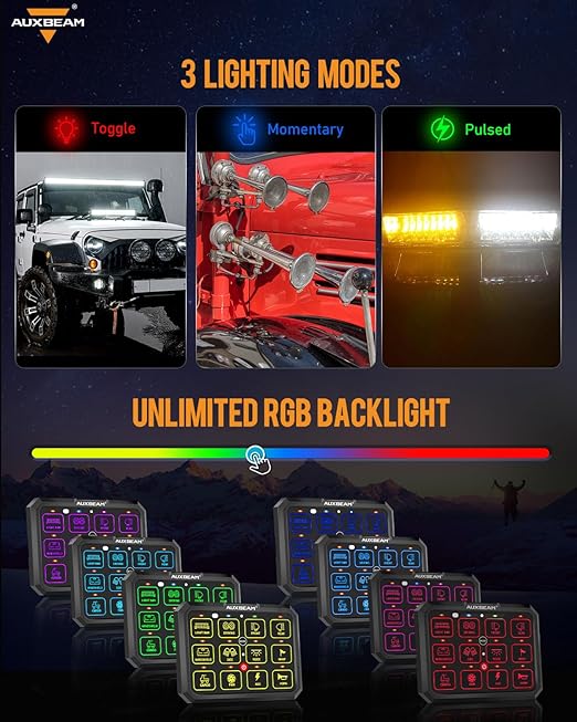 Auxbeam 12 Gang Switch Panel Bluetooth RGB AC-1200 with APP&Remote Control Toggle Momentary Pulsed Switch Pod Off Backlight for Truck Offroad UTV ATV Car Marine 12-24V Waterproof 2 Years Warranty