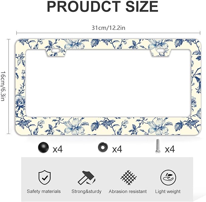Blue Floral Flowers License Plate Frames - 2 Pcs Set 2 Holes Stainless Steel Metal Auto Car Accessories Decoration License Plate Frame Cover Size 6.3" x 12.2" Fit US Vehicles for Women Men Gift