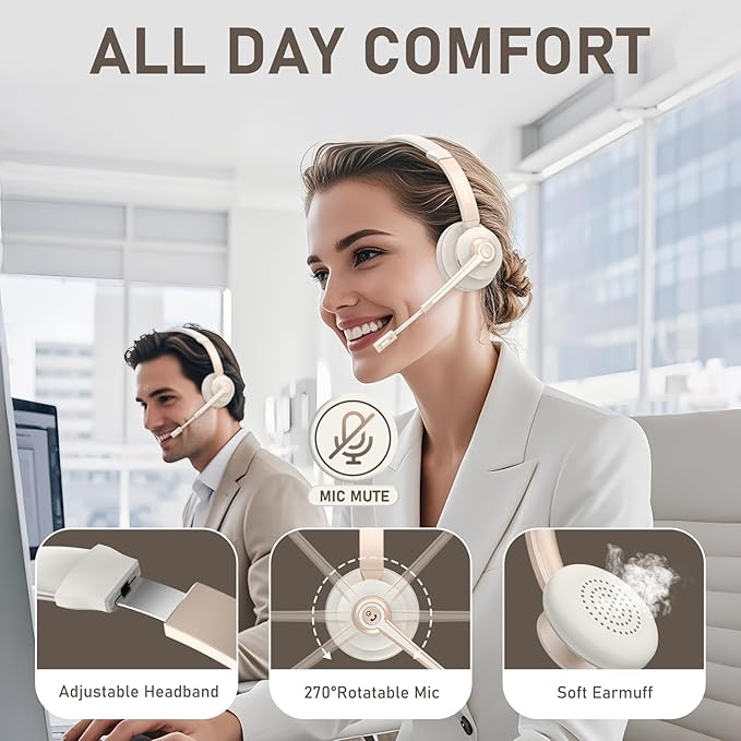 Wireless Headset, Bluetooth Headphones with Microphone Noise Canceling & USB Dongle, Singler-Ear Bluetooth Headset with Mic Mute for Cell Phone Computer Work Office Meetings Trucker Teams Skype Call