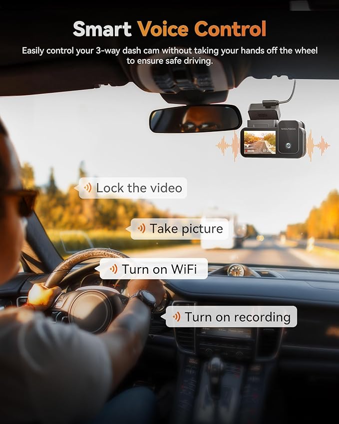 WOLFBOX X5 3 Channel 4K HDR Dash Cam, STARVIS 2 IMX678 Night Vision, 4K+2.5K+1080P Front and Rear Inside Car Camera with 128GB Card and GPS, Support Voice Control, Touch Screen and 5.8GHz WiFi