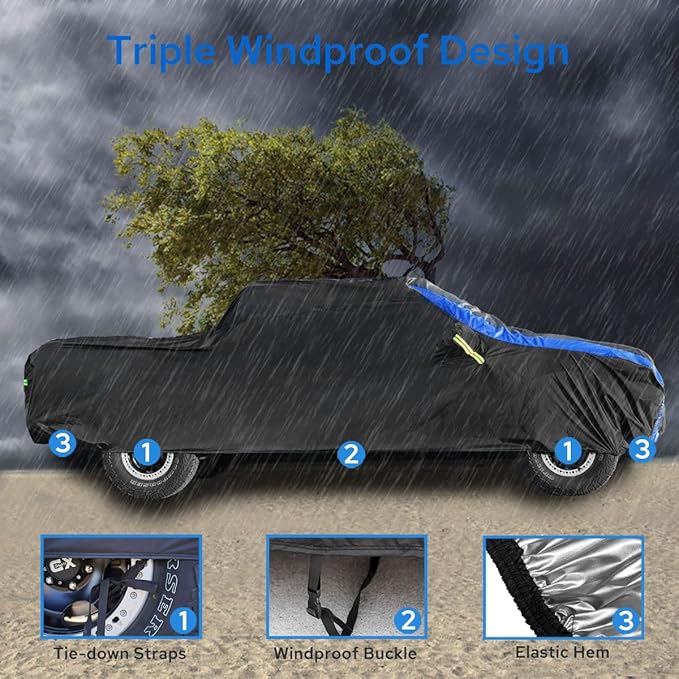 Avecrew Truck Cover Waterproof, All Weather for Truck Cover for Automobiles, Pickup Truck Cover Rain Snow UV Dust Protection(230""-242""), Black-Blue, RZ-21-PXL