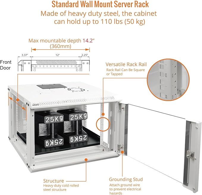 Tecmojo 6U Wall Mount Rack Network Cabinet for 19" IT Equipment,with Lockable Glass Door and Side Panels,Cooling Fan,17.7inch Depth,White